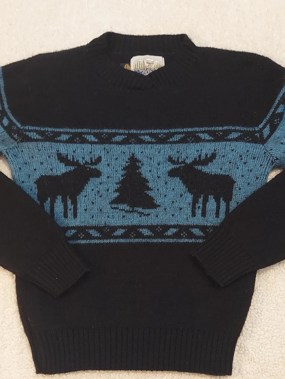 Merrimac Valley Ladies Wool Black and Blue Moose Crewneck Sweater Size M